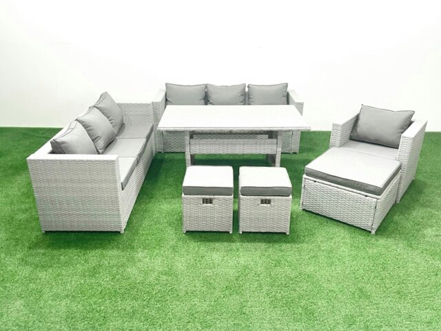 Rackhams 7 Pieces Outdoor Rattan Sofa Set with Cushions Patio Garden Furniture Sets with Armchair Dining Table 3 Footstools - image 1