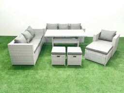 Rackhams 7 Pieces Outdoor Rattan Sofa Set with Cushions Patio Garden Furniture Sets with Armchair Dining Table 3 Footstools - thumbnail 1