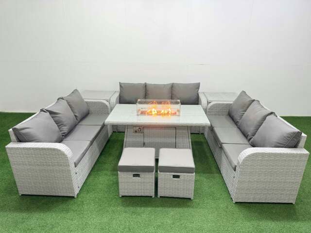 Rackhams PE Rattan Lounge Sofa Set 11 Seater Outdoor Garden Furniture Set with Fire Pit Dining Table 3 Seater Sofa 2 Stools 2 Side Table Light Grey - image 1