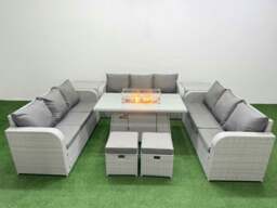 Rackhams PE Rattan Lounge Sofa Set 11 Seater Outdoor Garden Furniture Set with Fire Pit Dining Table 3 Seater Sofa 2 Stools 2 Side Table Light Grey - thumbnail 1