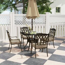 Rackhams 5 Pieces Cast Aluminium Garden Dining Set with Parasol Hole, Bronze - Bronze Tone - Cast Aluminium, Polyester - 90L x 90W x 74Hcm - thumbnail 2