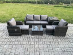Rackhams 7-Seater Rattan Garden Sofa Set - Dark Grey Mixed Wicker Patio Furniture with Reclining Chair & 2 Small Footstools - thumbnail 2