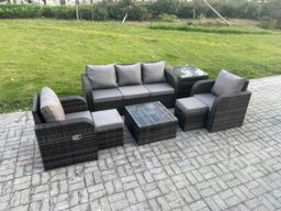 Rackhams 7-Seater Rattan Garden Sofa Set - Dark Grey Mixed Wicker Patio Furniture with Reclining Chair & 2 Small Footstools - thumbnail 1