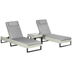 Rackhams Rattan Sun Lounger Set w/ Cushions, 5-Level Chaise Lounge Chairs, Grey - thumbnail 2