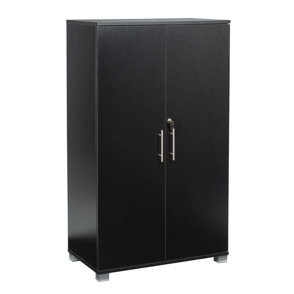 Rackhams Storage Cupboard Beech Wooden Filing Cabinet 2 shelves 2 Door Lockable Tall Office Organiser - Black - Wood - 35cm(d)125cm(h)55cm(w) - image 1