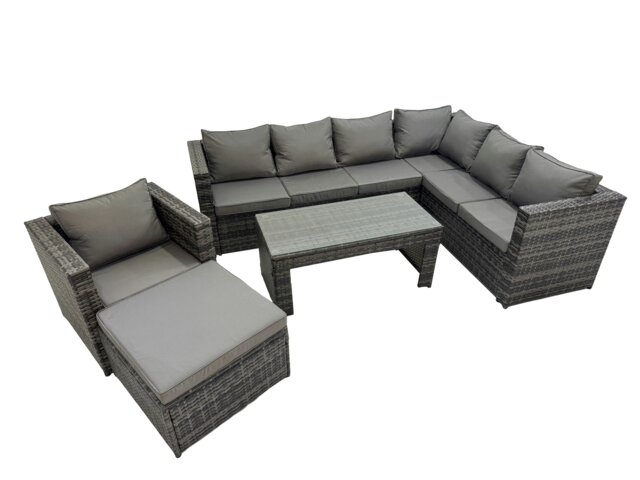 Rackhams Outdoor Rattan Oblong Coffee Table Corner Sofa Sets Garden Furniture Set with Chair Big Stool Dark Grey Mixed - image 1