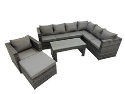 Rackhams Outdoor Rattan Oblong Coffee Table Corner Sofa Sets Garden Furniture Set with Chair Big Stool Dark Grey Mixed - thumbnail 1