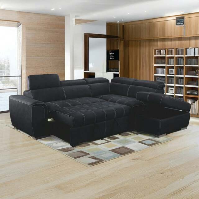 Rackhams Nevada Black Suede Corner Sofa Bed Tilting Headrest + Storage Ottoman - Right Hand Facing + Footstool - image 1