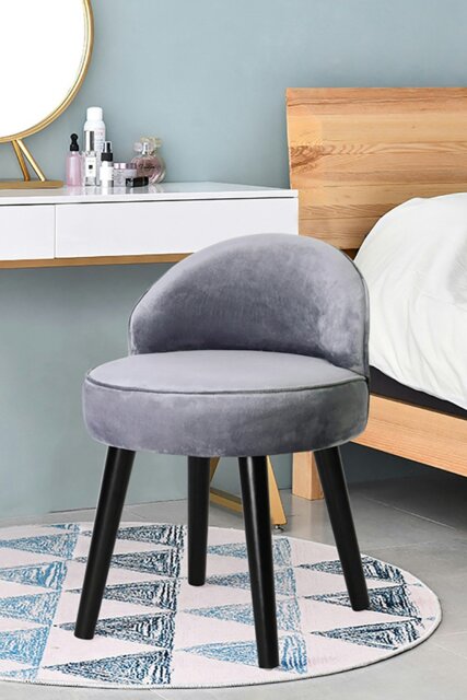 Rackhams Grey Velvet Low Back Dressing Footstool with Solid Wood Legs - Grey - image 1