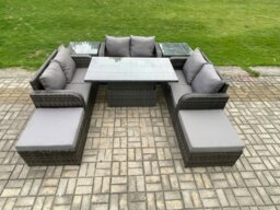 Rackhams Rattan Garden Outdoor Furniture 3 PC Love Sofa Set Patio Adjustable Rising lifting Dining Table With 2 Side Tables 2 Big Footstool - thumbnail 1