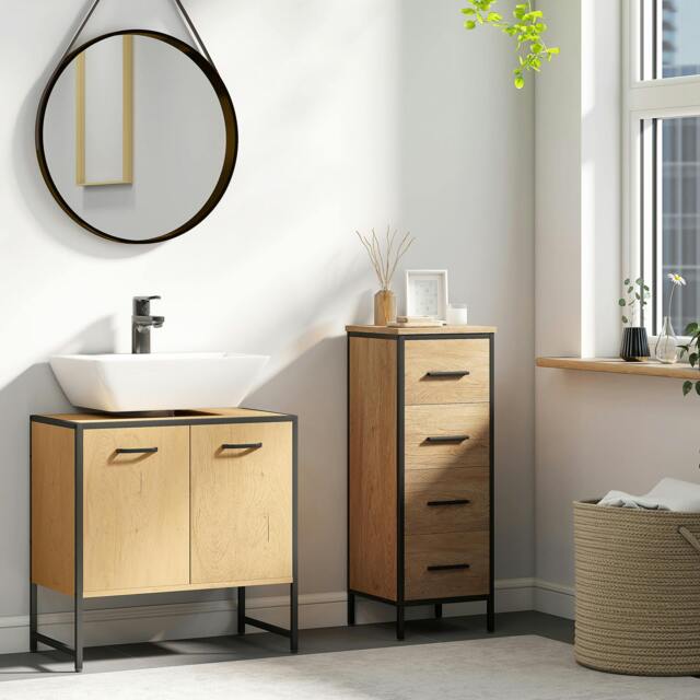 Rackhams Bathroom Under Sink Cabinet for Basin without or with Pedestal White - Natural wood, black - Particleboard, steel - Industrial