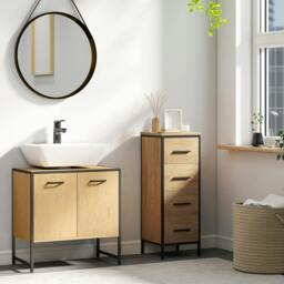 Rackhams Bathroom Under Sink Cabinet for Basin without or with Pedestal White - Natural wood, black - Particleboard, steel - Industrial - thumbnail 1