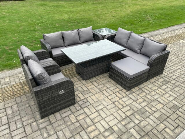 Rackhams Dark Grey Mixed PE Rattan Outdoor Dining Set - Height Adjustable Lifting Table, Reclining Chair, Side Table & Footstool - image 1