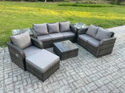 Rackhams Rattan Garden Furniture 7 Piece Patio Set With Table Sofa Square Coffee Table Reclining Chair Love seat sofa 2 Side Tables Big Footstool - thumbnail 2