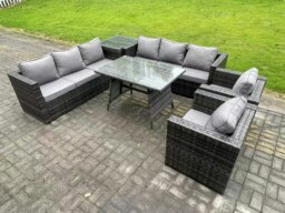 Rackhams Rattan Outdoor Furniture Sofa Garden Dining Set with Patio Dining Table 2 Armchairs Side Table 8 Seater Dark Grey Mixed - thumbnail 2