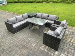 Rackhams Rattan Outdoor Furniture Sofa Garden Dining Set with Patio Dining Table 2 Armchairs Side Table 8 Seater Dark Grey Mixed - thumbnail 1