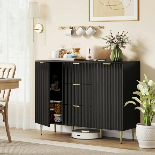 Rackhams Sideboard Buffet Cabinet w/ 3 Drawers and Adjustable Shelves, Black - Painted MDF - Sideboard - Black - image 1
