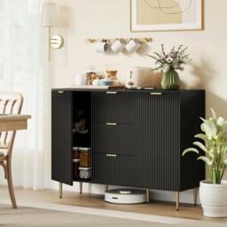 Rackhams Sideboard Buffet Cabinet w/ 3 Drawers and Adjustable Shelves, Black - Painted MDF - Sideboard - Black - thumbnail 1