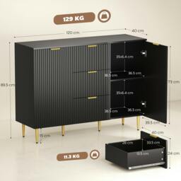 Rackhams Sideboard Buffet Cabinet w/ 3 Drawers and Adjustable Shelves, Black - Painted MDF - Sideboard - Black - thumbnail 6