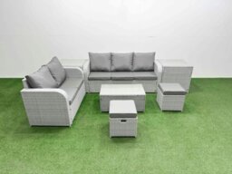 Rackhams 7-Seater PE Rattan Wicker Garden Sofa Set - Dark Grey Mixed Patio Conservatory Furniture with Rectangular Coffee Table & 2 Stools