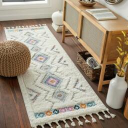 Rackhams Lofty-Shaggy Ivory Orange Blue Vintage Boho Plush Soft Pile Fringe Rug - 200 x 275 cm - thumbnail 5