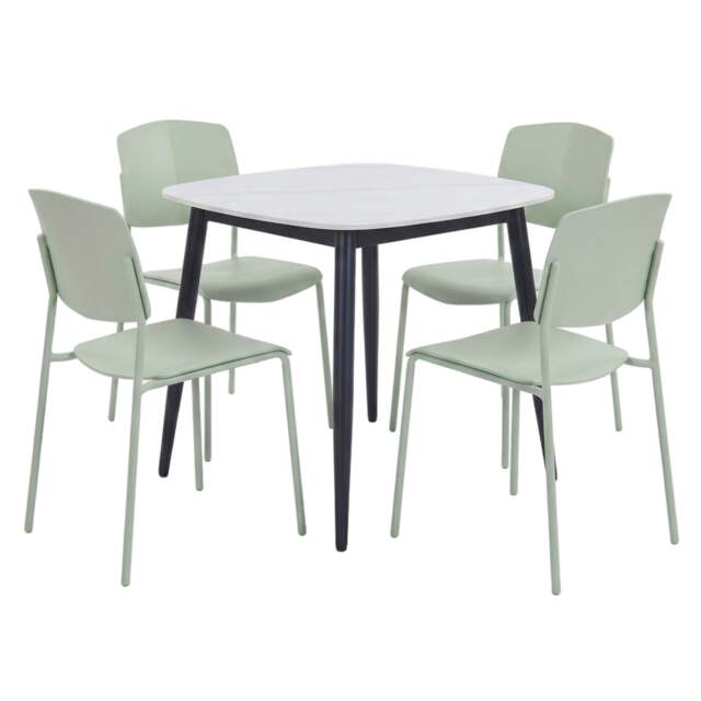 Rackhams Aspen Dining Set - White Sintered Stone Square Table & 4 Academy Dining Chairs - Green