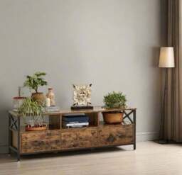 Rackhams Industrial TV Stand for up to 65-Inch TV – Media Console with 3 Drawers & 3 Open Shelves