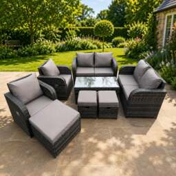 Rackhams 9 Seater Rattan Garden Furniture Set Outdoor Patio Sofa, Table and Chairs Garden Table Footstools Ideal for Balcony, Outdoor & indoor Patio Set - thumbnail 1