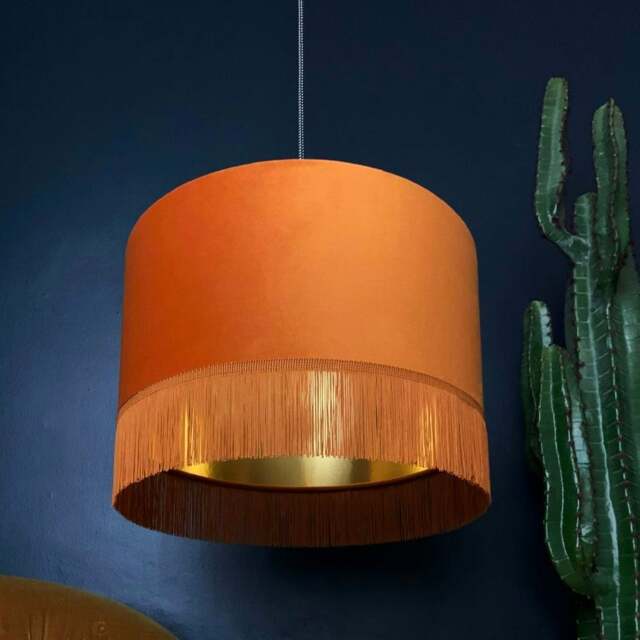 "Rackhams Rust Velvet Lampshade with Gold Lining & Fringing - Ceiling Pendant / Arc Lamp - 60cm Diameter x 20cm Height / (24"" x 8"")" - image 1