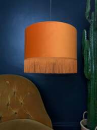 "Rackhams Rust Velvet Lampshade with Gold Lining & Fringing - Ceiling Pendant / Arc Lamp - 60cm Diameter x 20cm Height / (24"" x 8"")" - thumbnail 4