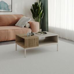 Rackhams Modern Rectangular Coffee Table with Dual-Side Open Shelf Storage, Living Room, Office, Metal Legs - Sandstone