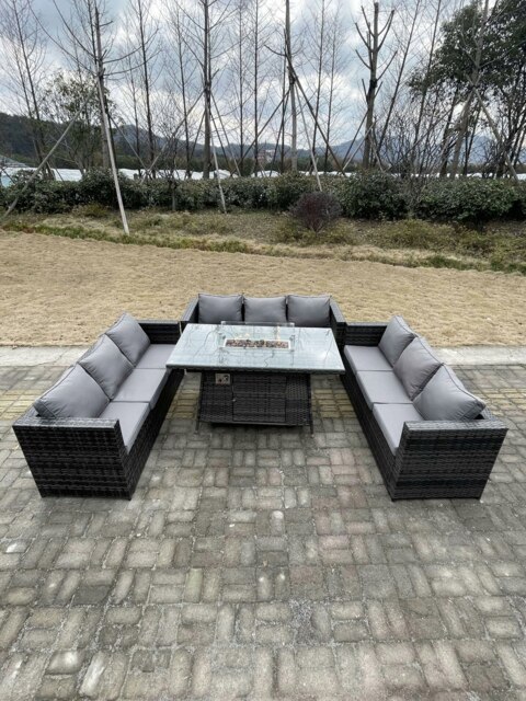 Rackhams 9 Seater?U Shape Outdoor Lounge Rattan Sofa Set Garden Furniture Gas Fire Pit Set Dining Table Dark Grey Mixed - image 1