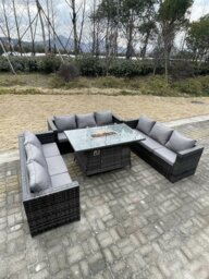 Rackhams 9 Seater?U Shape Outdoor Lounge Rattan Sofa Set Garden Furniture Gas Fire Pit Set Dining Table Dark Grey Mixed - thumbnail 3