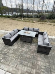 Rackhams 9 Seater?U Shape Outdoor Lounge Rattan Sofa Set Garden Furniture Gas Fire Pit Set Dining Table Dark Grey Mixed - thumbnail 2