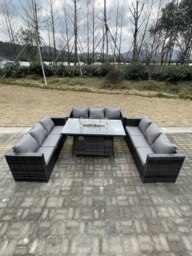 Rackhams 9 Seater?U Shape Outdoor Lounge Rattan Sofa Set Garden Furniture Gas Fire Pit Set Dining Table Dark Grey Mixed