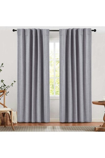 Rackhams 2 Panels Grey Faux Linen Back Tab or Rod Pocket Blackout Curtains for Bedroom, Living Room , 168cm W x 229cm H - Grey - image 1