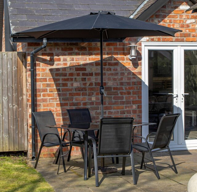 Rackhams Outdoor 4 Person Rectangular Glass Top Garden Dining Table Chairs With Black Parasol and Base Set - Outdoor Furniture Sets - image 1