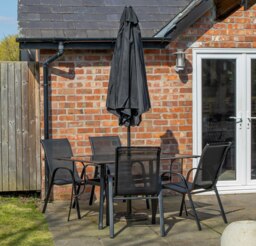 Rackhams Outdoor 4 Person Rectangular Glass Top Garden Dining Table Chairs With Black Parasol and Base Set - Outdoor Furniture Sets - thumbnail 2