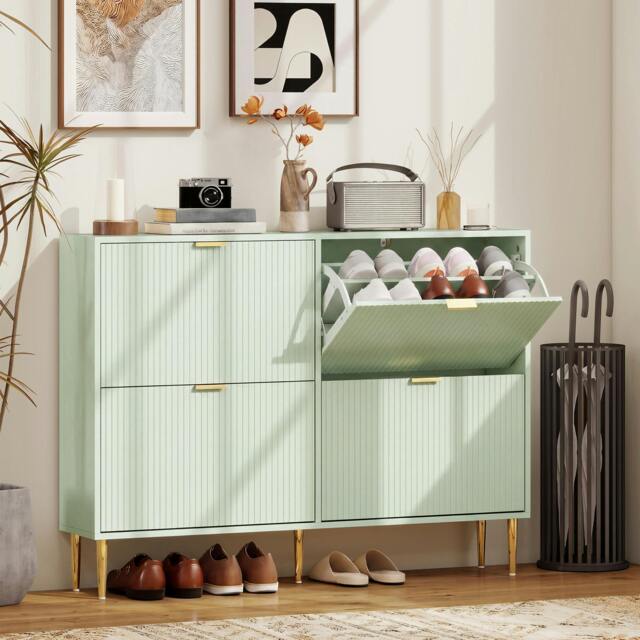 Rackhams Slim Shoe Storage Cabinet with Flip Drawers for Hallway - Green - 105 x 24 x 91.5 cm - image 1