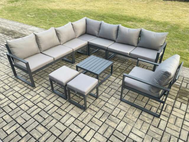 Rackhams Aluminium Outdoor Garden Furniture Set Lounge Corner Sofa Chair Square Coffee Table Sets with 2 Small Footstools Dark Grey