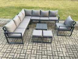 Rackhams Aluminium Outdoor Garden Furniture Set Lounge Corner Sofa Chair Square Coffee Table Sets with 2 Small Footstools Dark Grey - thumbnail 2