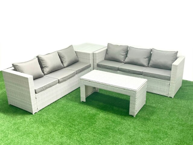 Rackhams 6 Seater Garden Outdoor Rattan Furniture Set Rattan Garden Sofa Oblong Coffee Table with Side Table Light Grey Mixed - image 1