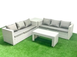 Rackhams 6 Seater Garden Outdoor Rattan Furniture Set Rattan Garden Sofa Oblong Coffee Table with Side Table Light Grey Mixed - thumbnail 2