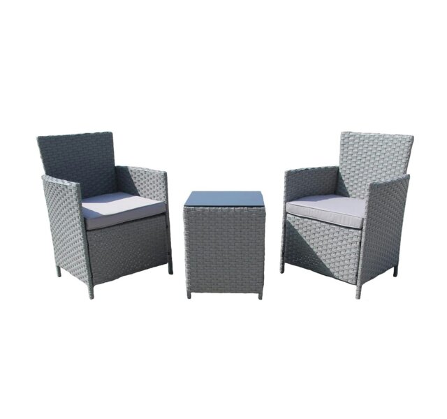 Rackhams Rattan Bistro Garden Furniture 3 Piece Set - PE Rattan Soft Cushion Garden Bistro Set 2 Chairs and Glass Top Table Set - Grey - image 1