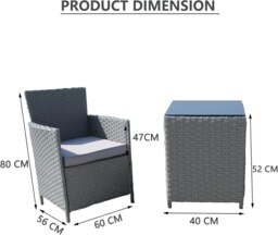Rackhams Rattan Bistro Garden Furniture 3 Piece Set - PE Rattan Soft Cushion Garden Bistro Set 2 Chairs and Glass Top Table Set - Grey - thumbnail 5