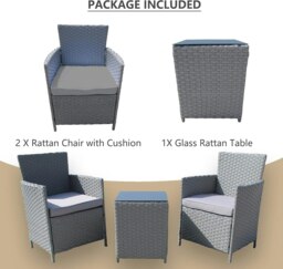 Rackhams Rattan Bistro Garden Furniture 3 Piece Set - PE Rattan Soft Cushion Garden Bistro Set 2 Chairs and Glass Top Table Set - Grey - thumbnail 6