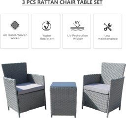 Rackhams Rattan Bistro Garden Furniture 3 Piece Set - PE Rattan Soft Cushion Garden Bistro Set 2 Chairs and Glass Top Table Set - Grey - thumbnail 2