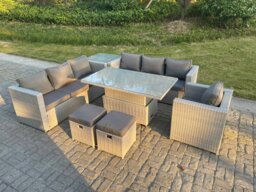 Rackhams Rattan Garden Funiture Set Height Adjustable Rising Lifting Table Sofa Dining Set Side Coffee Tea Table Chair Stool - thumbnail 1