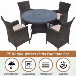 Rackhams 5 PCS Aluminium Rattan Garden Furniture 4 Seat Set, Round Tempered Glass Dining Table + 4 Chairs Set Full Assembly - Natural - thumbnail 5