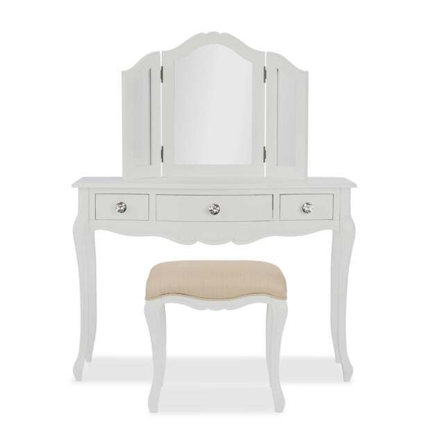 Rackhams Juliette Dressing Table Set with Crystal Handles. French Table, Mirror and Stool - White